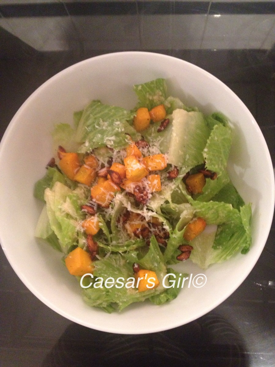 Caesar Salad with Pumpkin Croutons and Spiced Pumpkin Seeds