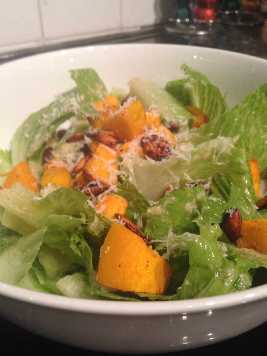 Caesar Salad with Pumpkin Croutons and Spiced Pumpkin Seeds